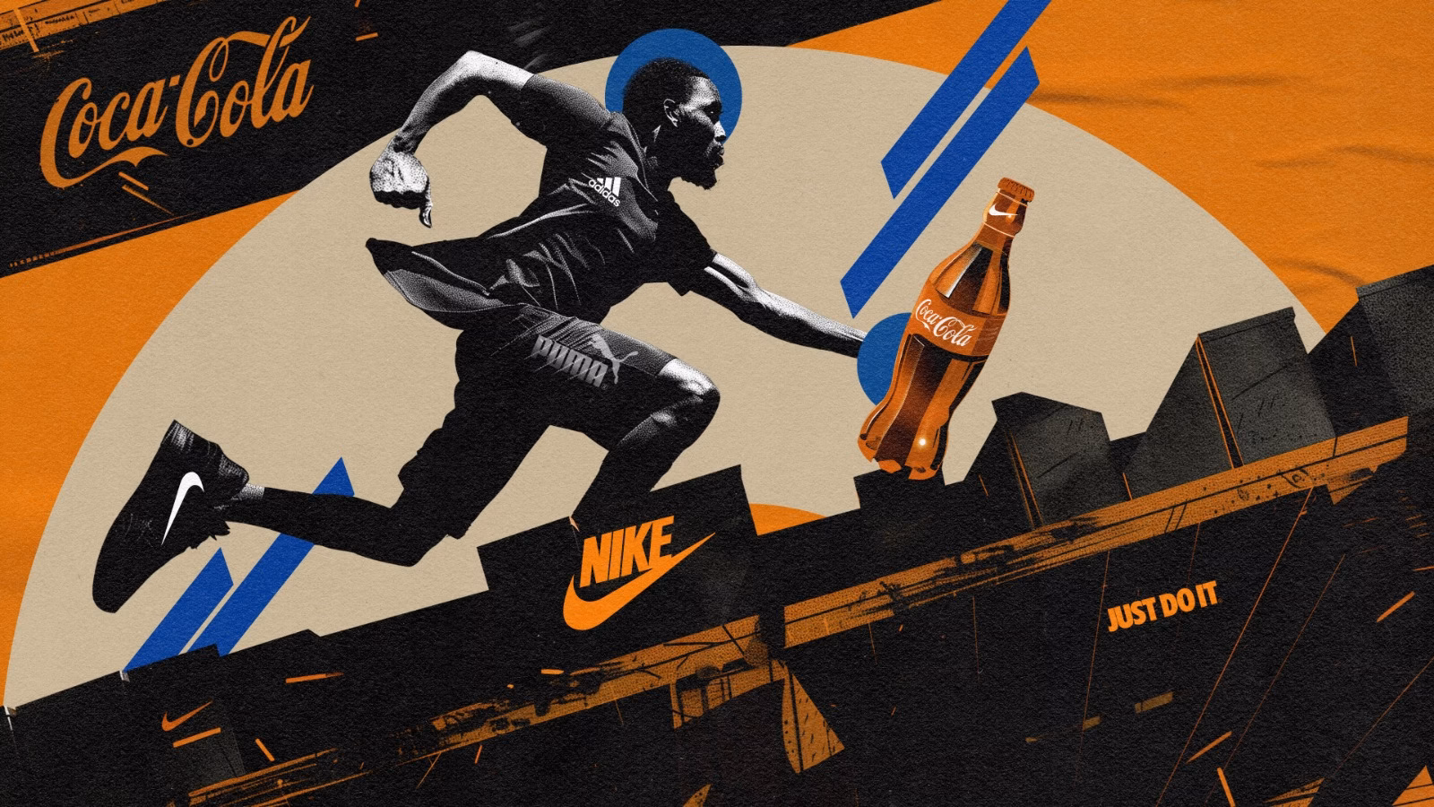 Wared — running figure with brand graphics in an orange, blue and black collage
