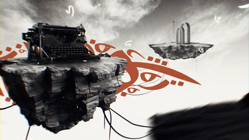Deserving of Poetry artwork with a vintage typewriter on a floating rock and red Arabic calligraphy.