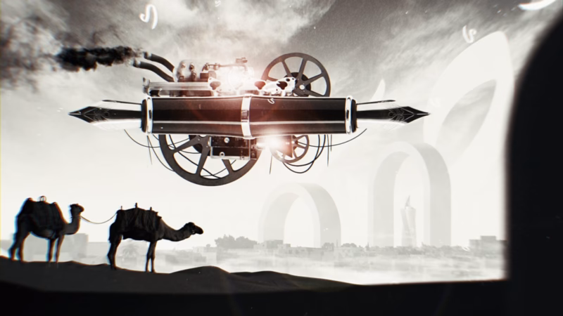 Deserving of Poetry scene with a floating mechanical fountain pen above camels and monumental Arabic calligraphy.