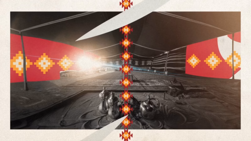 Shu’ara’ al-Nabati artwork showing a traditional tent interior with coffee pots and red geometric textile patterns.