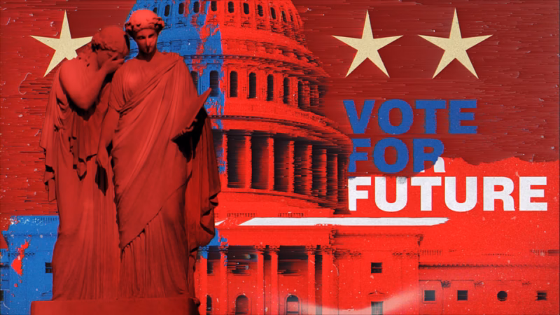 Path to the White House collage with classical statues, the US Capitol, stars and Vote for Future lettering in red and blue.