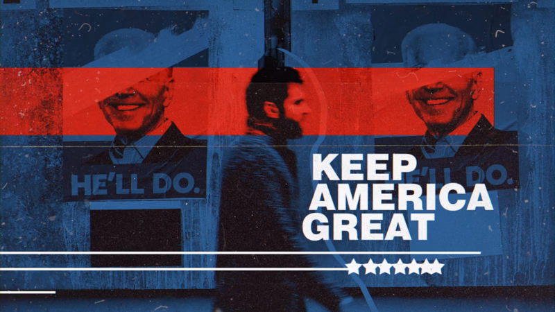 Path to the White House red and blue collage of a pedestrian and campaign posters with Keep America Great lettering.