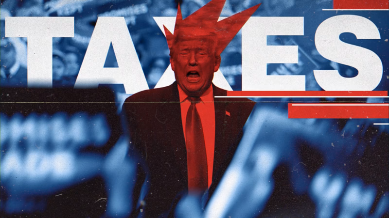 Path to the White House collage with a red-tinted speaker, a stylised crown and large Taxes lettering on blue.