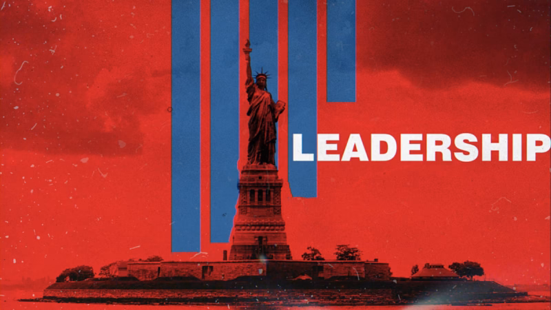 Path to the White House artwork with the Statue of Liberty, blue vertical stripes and the word Leadership on red.