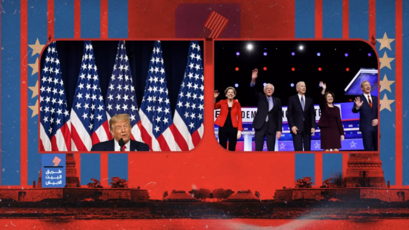 Path to the White House two-panel broadcast layout showing a speaker before US flags beside a debate-stage photograph.