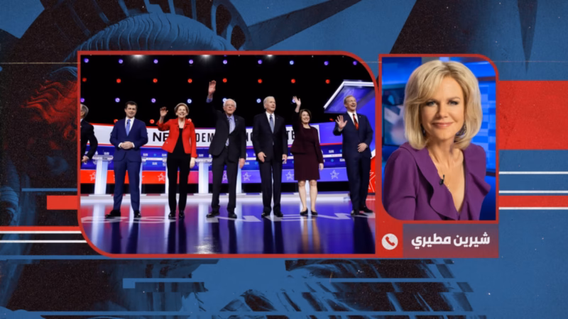 Path to the White House split-screen layout pairing a debate-stage photograph with a presenter portrait and Arabic phone-in label.