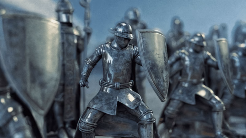 Be Ekhtesar 3D scene of metallic armoured soldiers holding shields in a close formation.