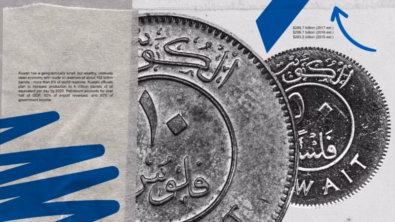 Sahat Al-Safat artwork featuring close-up Kuwaiti coins, economic text and blue graphic marks.