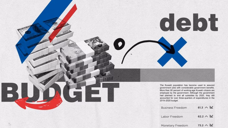 Sahat Al-Safat budget and debt graphic with stacks of banknotes, arrows and red and blue accents.