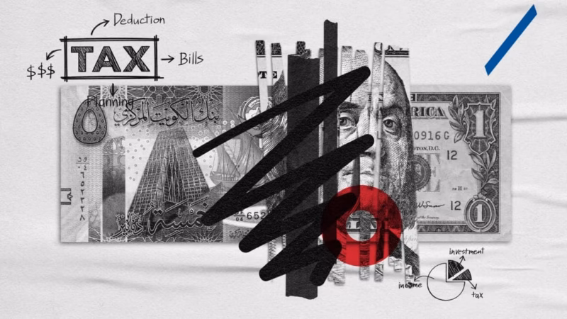 Sahat Al-Safat artwork combining banknotes, tax sketches and black brush strokes.