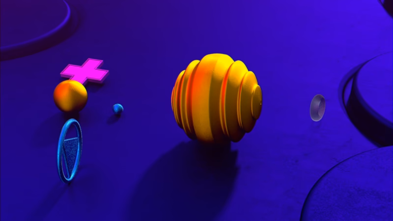 Al-Mihna close-up of a ribbed gold sphere surrounded by a pink cross and blue rings on a purple surface.