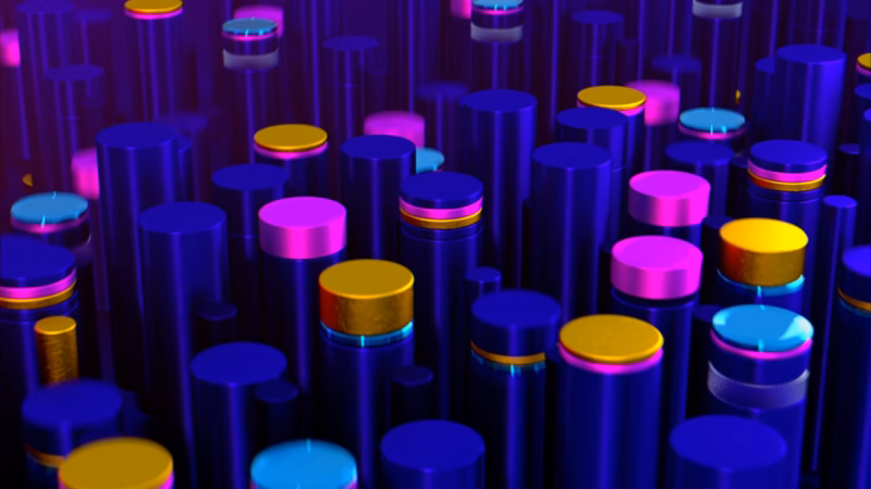 Al-Mihna 3D field of dark blue cylinders topped with bright pink, gold and cyan discs.