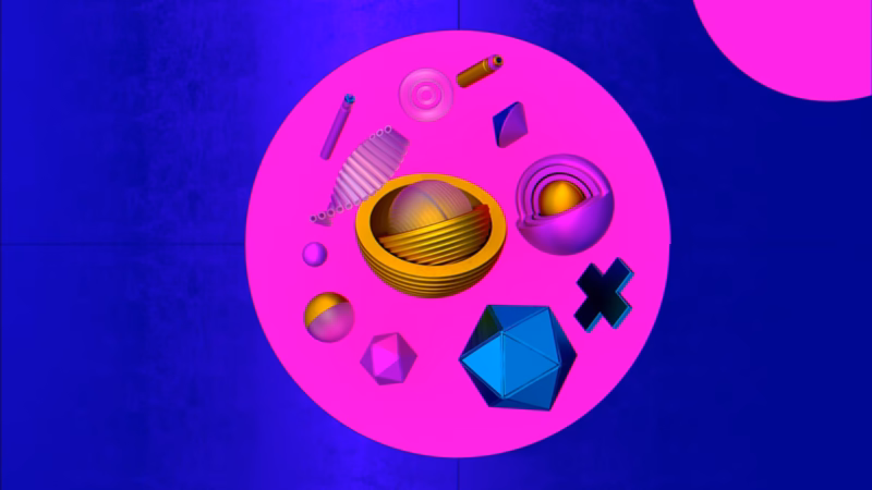 Al-Mihna arrangement of colourful 3D spheres, rings and geometric solids over a pink circle on blue.