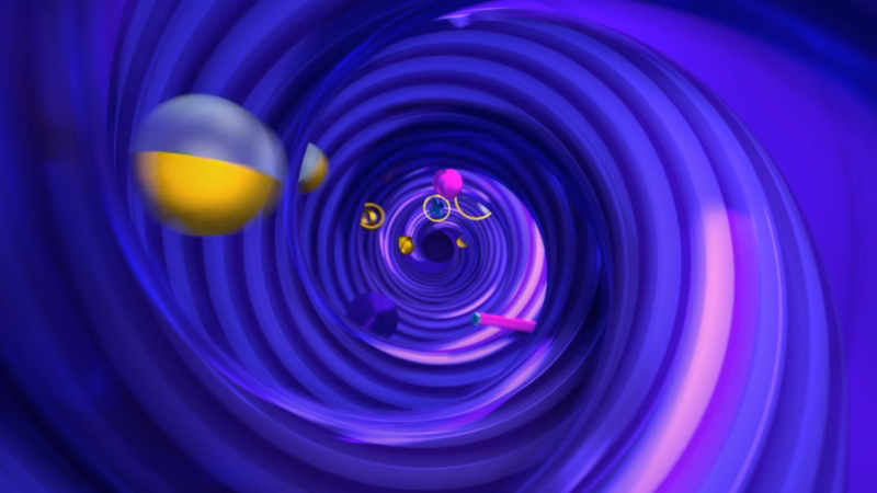 Al-Mihna abstract 3D scene of floating coloured spheres and rings inside a deep purple concentric tunnel.