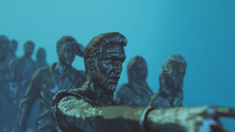 ESAMI 3D group of metallic human figures with a bearded figure extending an arm in the foreground.