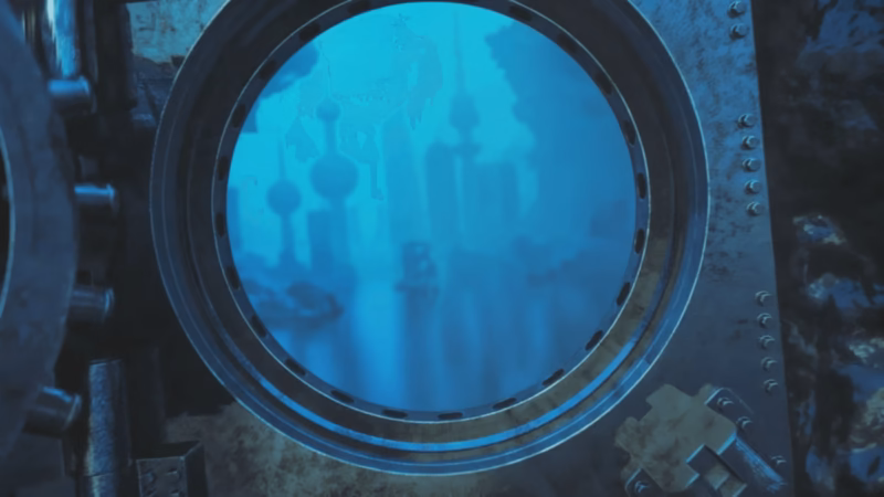 ESAMI view through a circular metal opening toward misty blue towers and rock formations.
