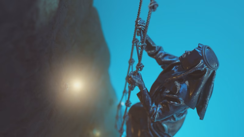 ESAMI 3D scene of a metallic figure in traditional clothing climbing a rope ladder beside a rock face.