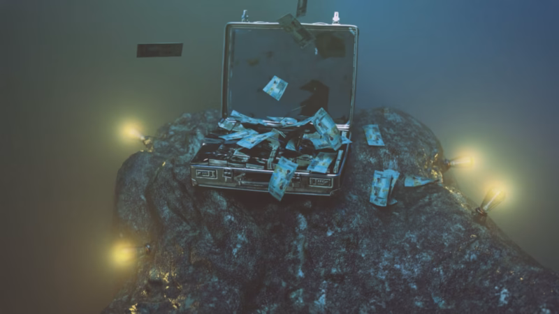 ESAMI 3D scene of an open briefcase with floating banknotes on a rocky platform lit by small lamps.