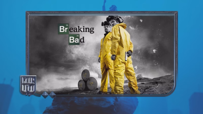 ESAMI single-panel broadcast frame presenting Breaking Bad artwork inside a metallic border on a blue background.