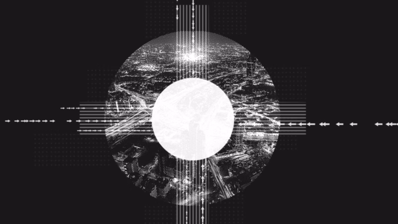 White with Jenan monochrome circular city collage with a bright centre and directional arrows crossing the frame.