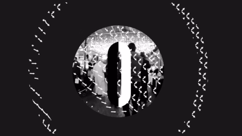White with Jenan monochrome graphic with a split oval, halftone figures and rings of small white arrows.