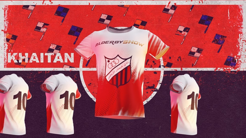 Red and white Khaitan football shirts with the club crest and number 10 against a patterned red backdrop.