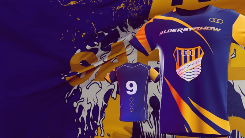 Blue and yellow Al-Sahel football shirts showing the club crest and number 9 against a matching graphic backdrop.