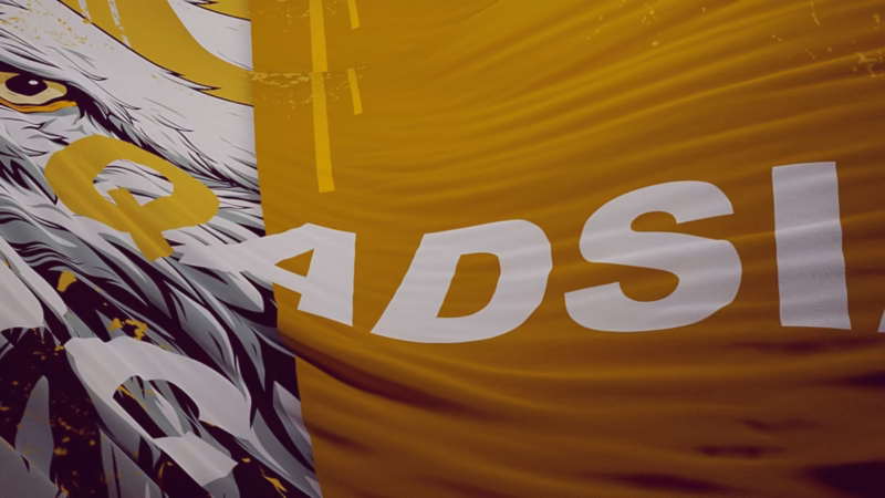 White Qadsia lettering across folded yellow fabric beside an illustrated eagle in the Al-Derby sequence.