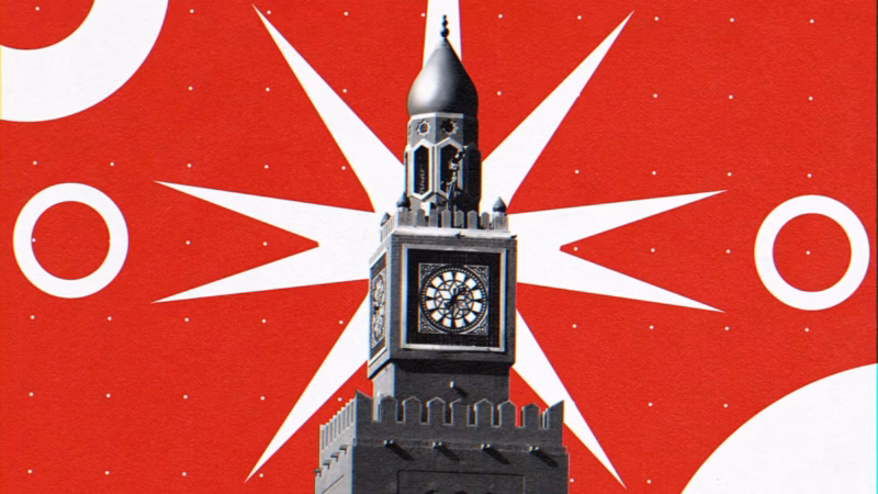Clock tower cutout against a white starburst, rings and dotted patterns on a red background.