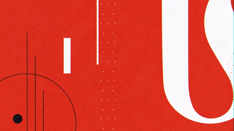 Cropped white Arabic typography with fine black lines and circular graphics on red.