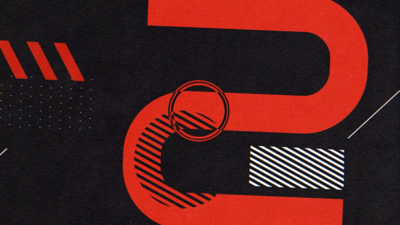 Oversized red letterform with striped circles and a white diagonal pattern on black.