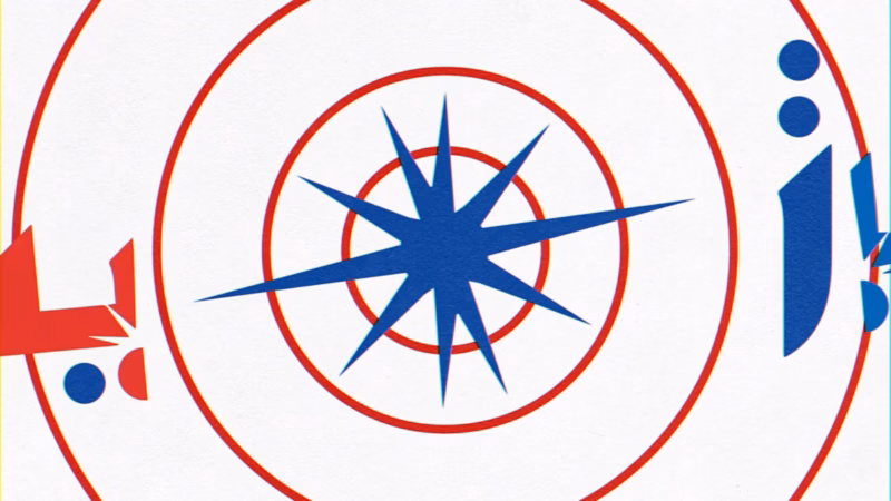 Blue starburst inside red concentric circles with Arabic letterforms on a white background.