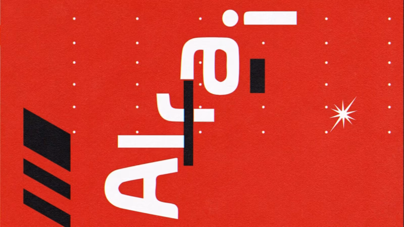 White Alrai lettering arranged vertically with black bars and a starburst on red.