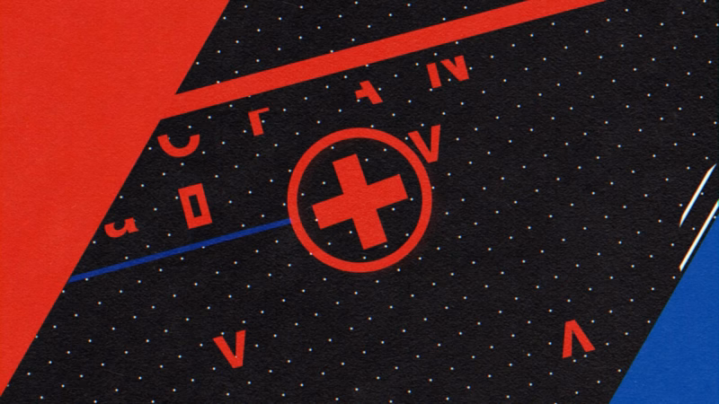Red plus symbol inside a circle with scattered letterforms and white dots on a black geometric panel.
