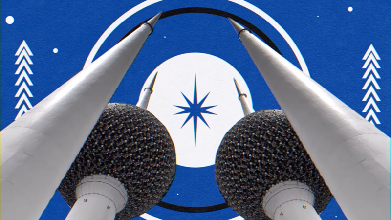 Low-angle collage of Kuwait Towers against blue and white circular graphics and a central starburst.