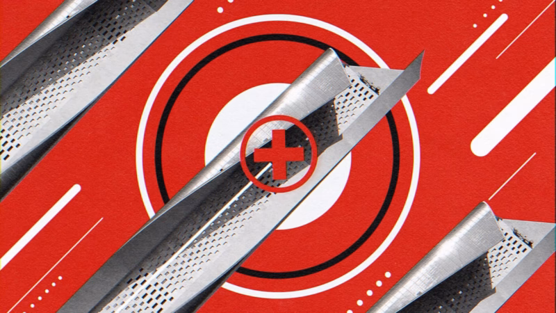 Repeated skyscraper cutouts arranged diagonally across a red background with concentric circles and a plus symbol.