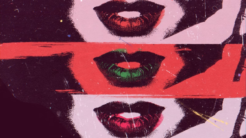Ya Tair Al Hob lyric video — Three stacked lip close-ups in red and green on distressed pink paper.