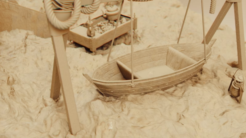 Madfa’ Al-Iftar — a miniature wooden boat suspended by ropes beside a lantern in a sand-coloured heritage scene