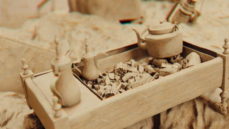 Madfa’ Al-Iftar — traditional Arabic coffee pots and a kettle arranged around a charcoal brazier in a miniature scene