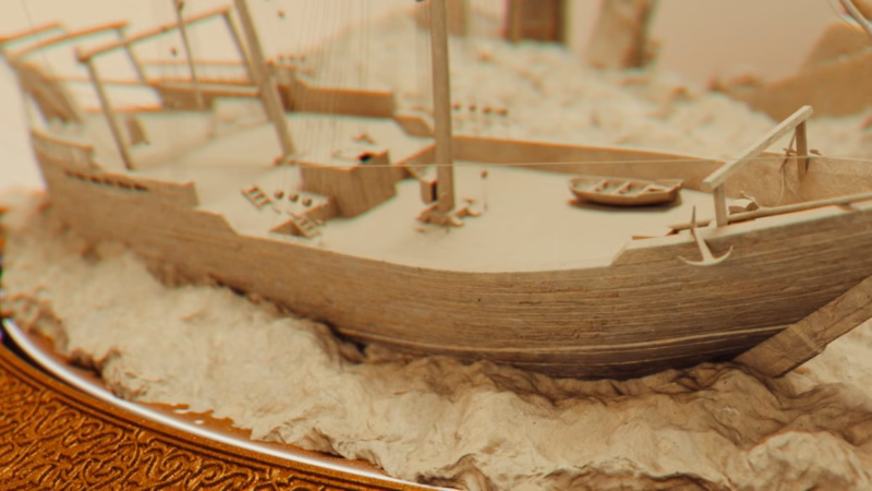Madfa’ Al-Iftar — a detailed miniature dhow with masts, rigging and a small boat on its deck