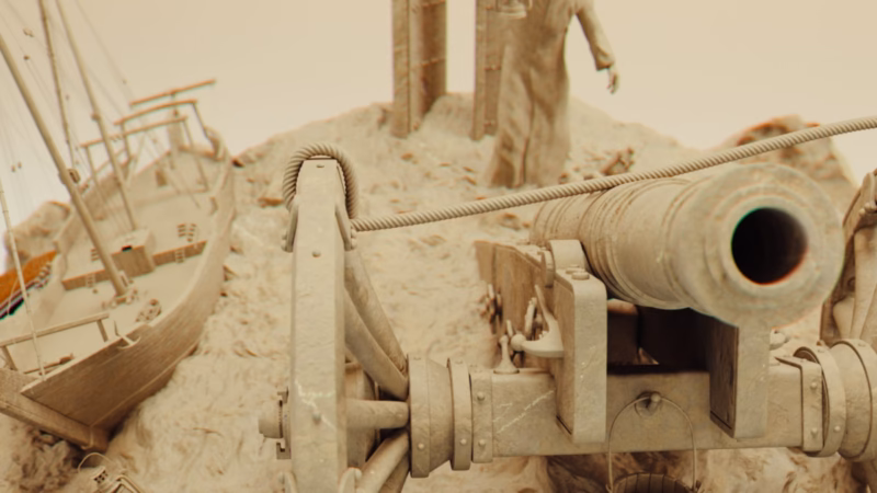 Madfa’ Al-Iftar — a close-up of the iftar cannon on wooden wheels beside a miniature dhow