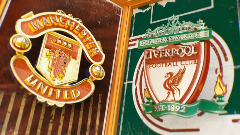 Manchester United and Liverpool crests mounted on adjoining framed panels in the One Two football television graphics.