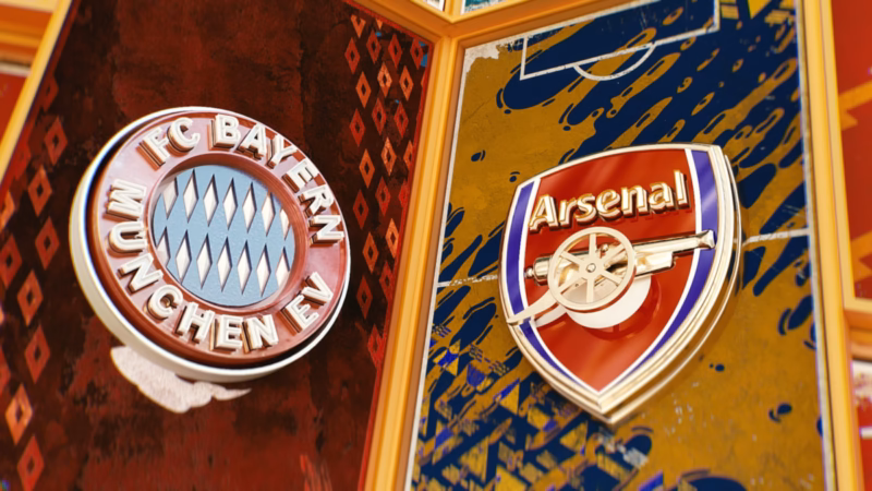 Bayern Munich and Arsenal crests on adjoining red and gold patterned panels in the One Two television design.