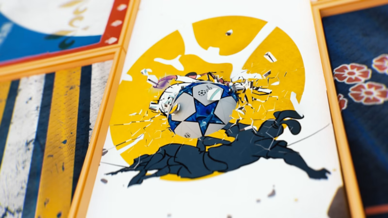 Blue-and-white football breaking through a framed graphic panel, with flying fragments and a dark shadow in the One Two sequence.