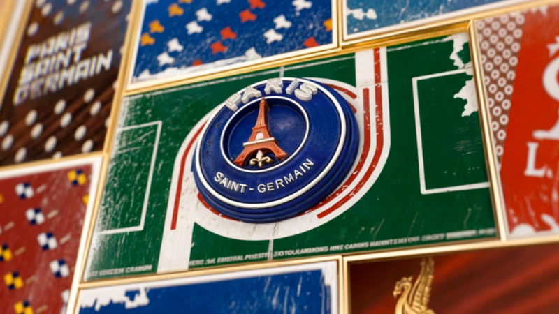 Paris Saint-Germain crest over a green football-pitch graphic in a gold frame for the One Two programme.
