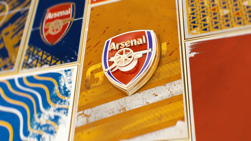 Dimensional Arsenal crest on a gold panel with white stripes and surrounding blue patterned frames in the One Two artwork.