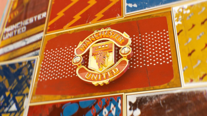 Golden Manchester United crest on a red framed panel surrounded by patterned football graphics for One Two.