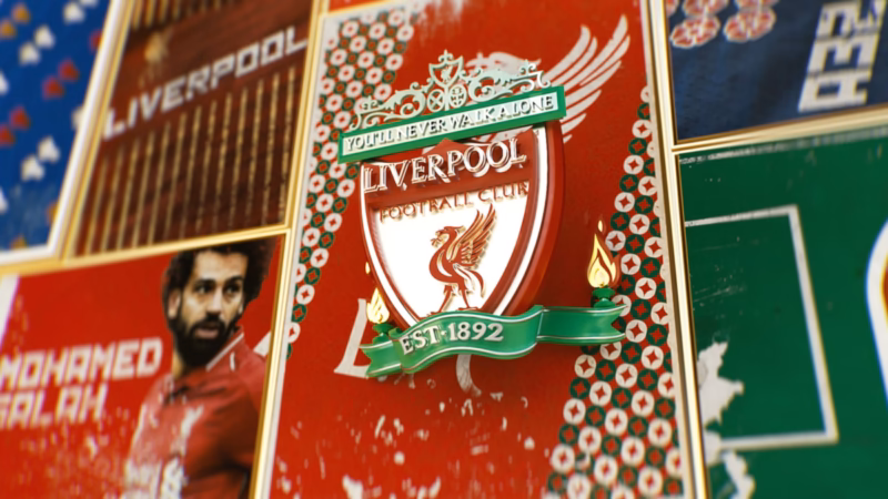 Liverpool crest on a red patterned panel beside Mohamed Salah lettering and football artwork in the One Two design.