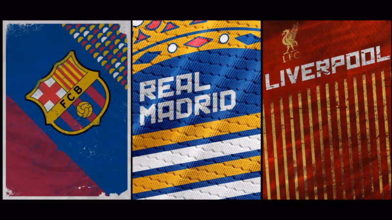 Three textured One Two panels featuring the Barcelona crest, Real Madrid lettering and Liverpool lettering in club colours.