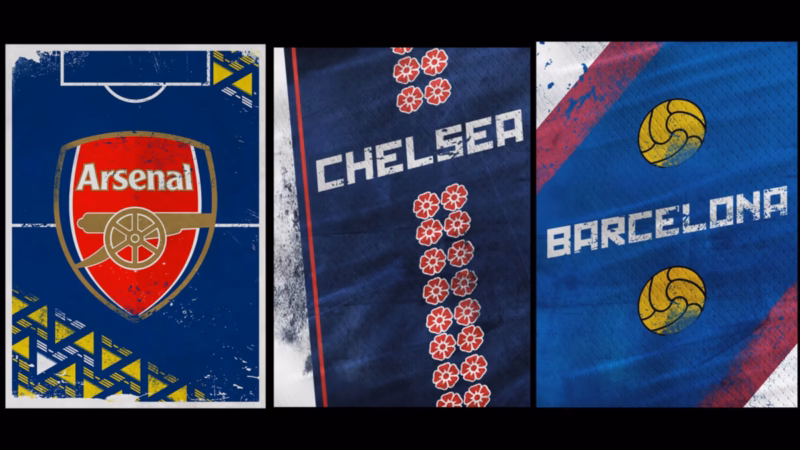 Three One Two graphic panels showing the Arsenal crest, Chelsea lettering and Barcelona lettering with patterned football motifs.